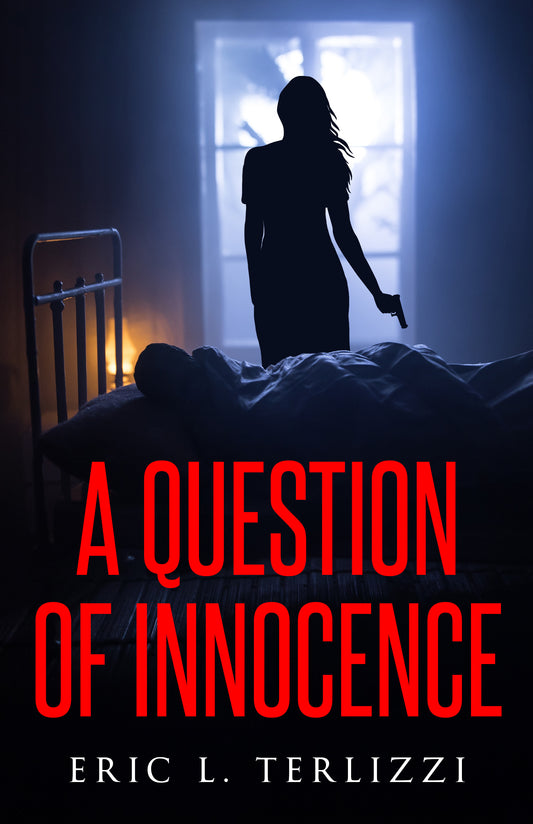 Book cover of 'A Question of Innocence' with a silhouette of a woman in a dark room.