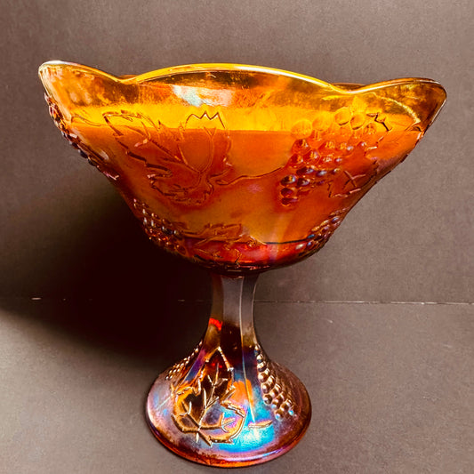 First Edition Reading Candle – Vintage Amber Carnival Glass Compote