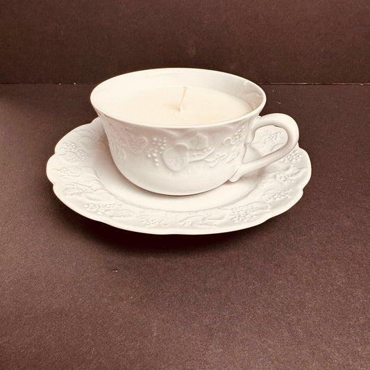 Hardcover Haven Candle – Vintage White Teacup & Saucer | Book Lover Soy Candle | Reusable Ceramic Home Décor
