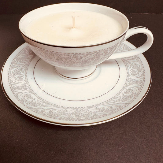 Moonlit Manuscript Candle – Vintage Fine China Teacup and Saucer Candle